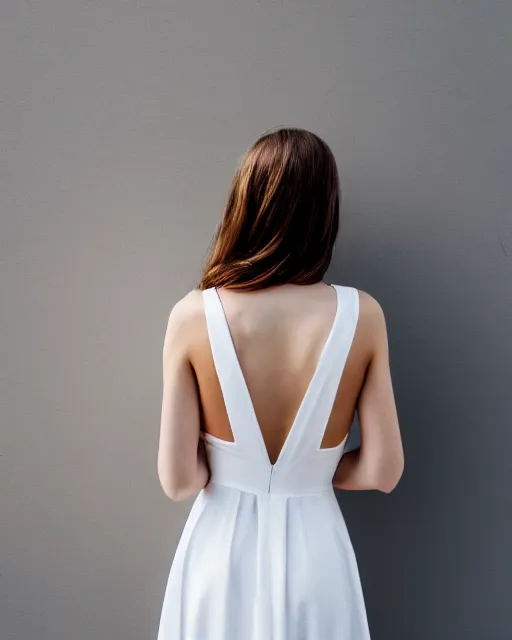 Image similar to watercolor picture of a beautiful young woman in white dress, from the back, looking at the camera, high key, 8k