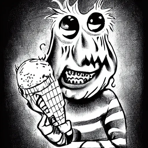 Prompt: a Pop Wonder scary horror themed goofy-hilarious-character-ice-cream-spirit-demon, dime-store-comic drawn with charcoal and pen and ink, half-tone-line-stacking