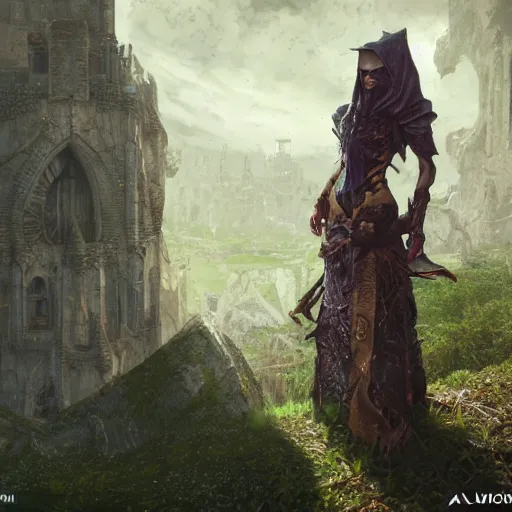 Image similar to a warlock in a ruined castle, au naturel, hyper detailed, digital art, trending in artstation, cinematic lighting, studio quality, smooth render, unreal engine 5 rendered, octane rendered, art style by klimt and nixeu and ian sprigger and wlop and krenz cushart