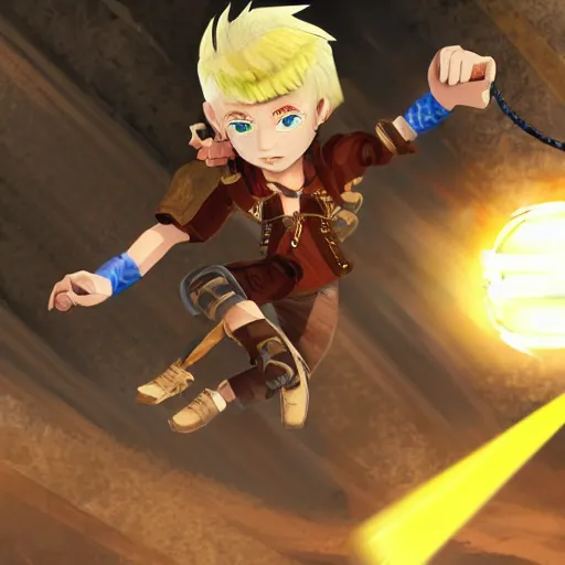 Prompt: A blonde boy wearing steampunk wristband that launches out a grapple using steam canisters, epic fantasy art style HD, SHINZOU WO SASAGEYO