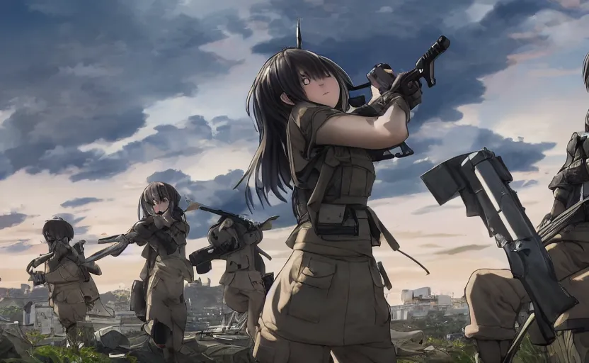 Image similar to panoramic view, girl, soldier clothing, battlefield in background, anime style, short hair, hair down, realistic anatomy, symmetrical facial features, from arknights, hyper realistic, 4 k, rule of thirds, extreme detail, detailed drawing, trending artstation, safebooru, realistic lighting, by alphonse mucha, greg rutkowski, sharp focus, backlit