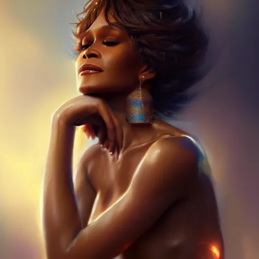 Image similar to a beautiful portrait of water goddess Whitney Houston with silk skin by Greg Rutkowski and Raymond Swanland Trending on Artstation, ultra realistic digital art