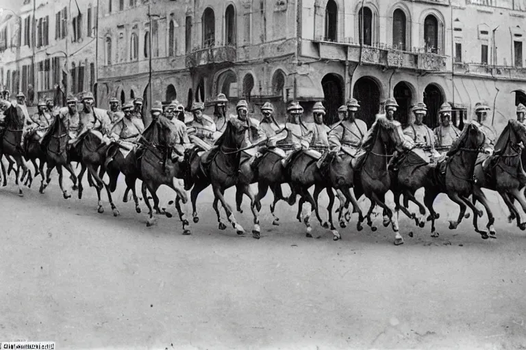 Prompt: a dozen ww 1 cavalrymen marching through italian - style city, 1 9 0 5, black and white photography