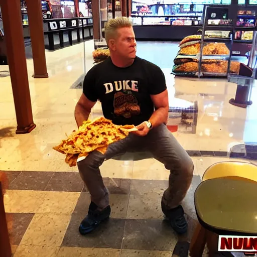 Image similar to duke nukem eating a burrito in a shopping mall