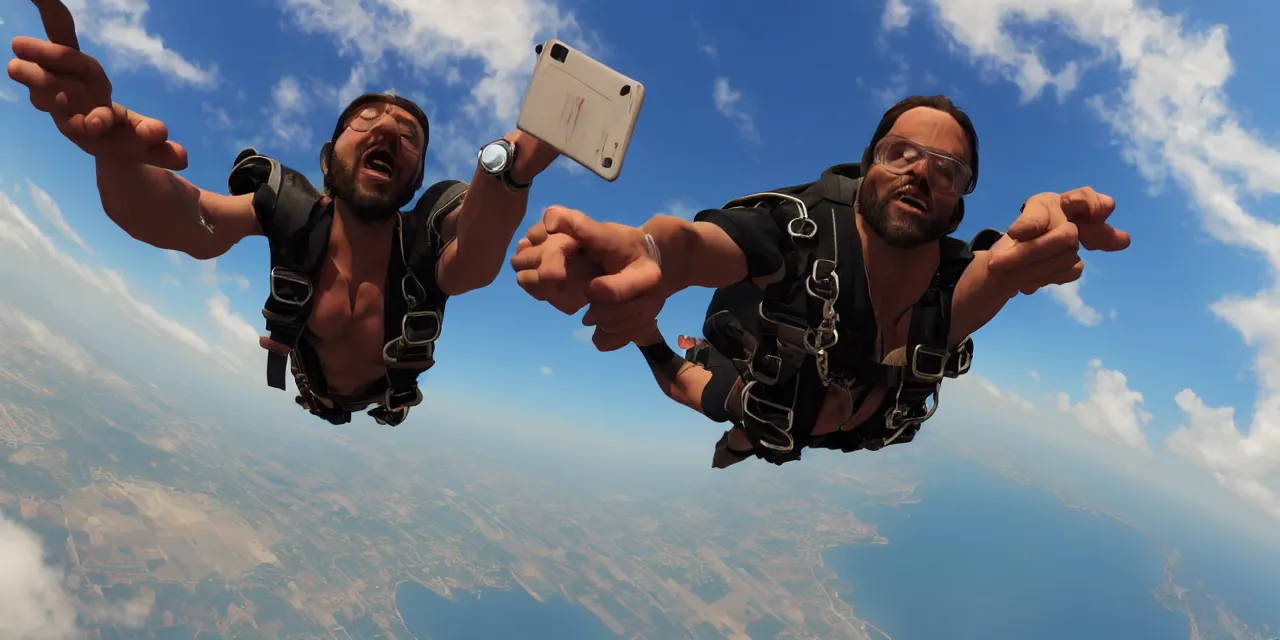 Prompt: Jesus taking a selfie while skydiving, gta artstyle, hyperdetailed, artstation, accurate, octane render, 8k