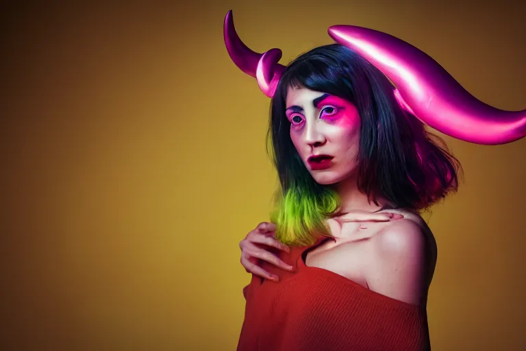 Image similar to pretty demon girl with horns photograph in the style of clemens ascher, colorful, realistic, 8 k, portrait, ambient lights,