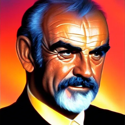 Prompt: portrait sean connery soft light, by drew struzan, inspired by sky captain and the world of tomorrow, fine sharp high detail,