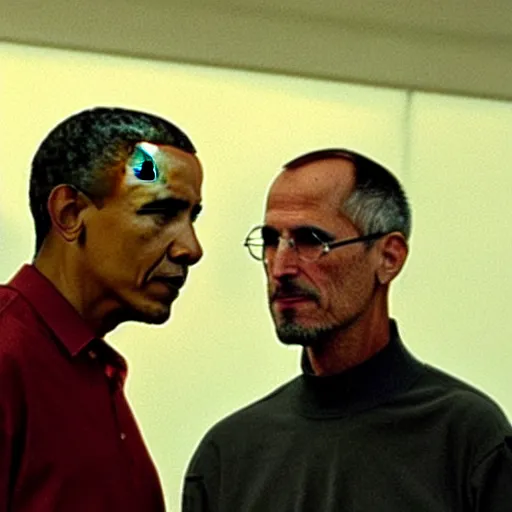 Image similar to barack obama breaking up with his lover steve jobs, strained relationship, breakup, heartbreak, end of a 9 - year marriage. still from a film by david lynch