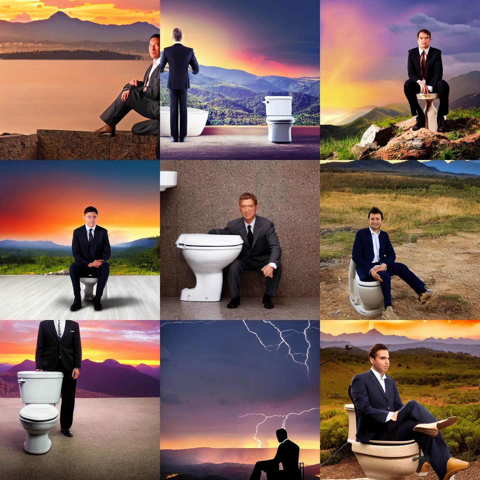 Prompt: An affluent suit wearing man sitting on a toilet, sunset mountain horizon background setting, toilet struck by lighting bolt