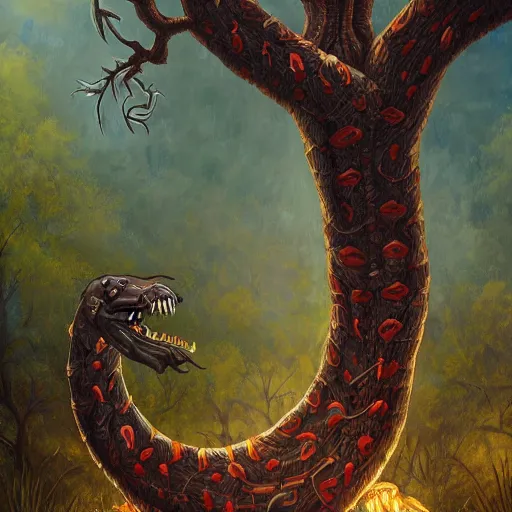 Prompt: a detailed painting of a tree disguised as a human with lots of snake eyes and sharp teeth and a long tongue screaming in the style of dark fantasy, hypnotic, dmt, artstation, ornate, 8k, deep focus,