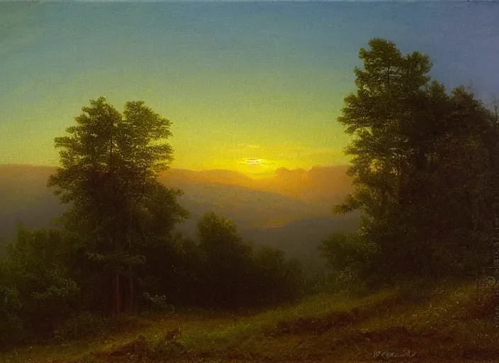 Prompt: Oil painting of the blue ridge mountains at sunset in the style of Albert Bierstadt