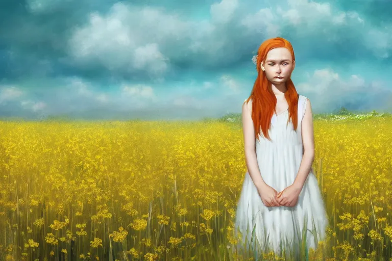 Prompt: a young girl stands alone in a field of yellow flowers, she is wearing a simple white dress, her red hair is pulled up in a ponytail, her face is serene, digital art, illustration, fantasy art, portrait, portrait painting, digital art, realistic, fine arts, digital, detail, image, picture, realistic