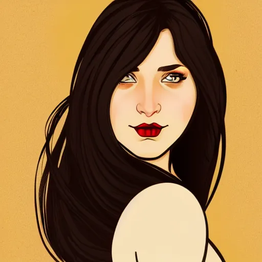 Image similar to curvy brunette woman with straight hair in a short bob, romanian heritage, brown eyes, no bangs, digital art, cartoon, 8k, illustration, art nouveau, Alphonse Mucha, trending on artstation, medium shot, head shot