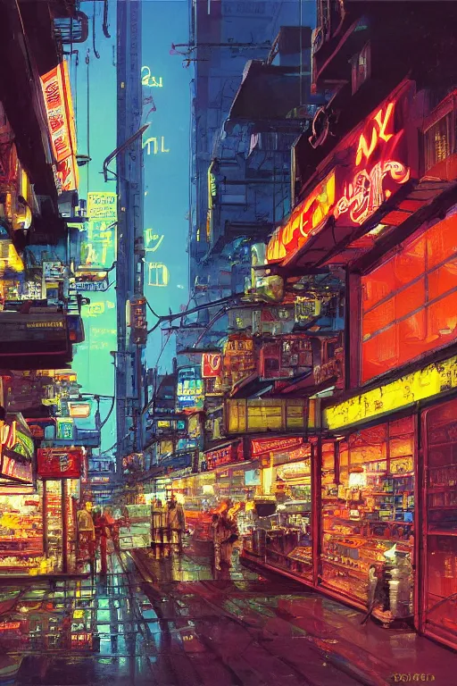 Image similar to a low angle shot of a food store at the base of a towering city, cyberpunk, neon lights, night, matte painting by John Berkey, 8k