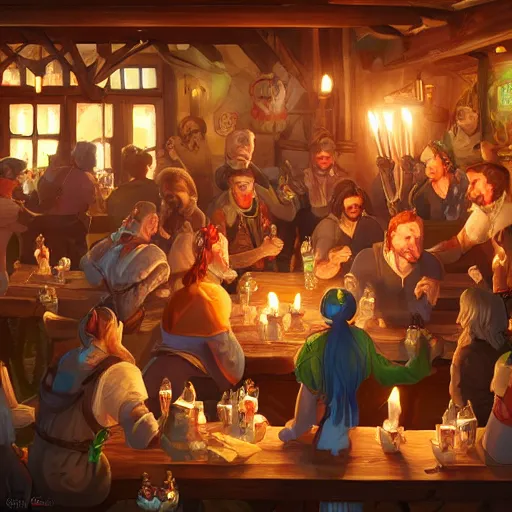 Prompt: a crowded tavern with candels on the tables, people drinking beer, fantasy art, trending on Artstation