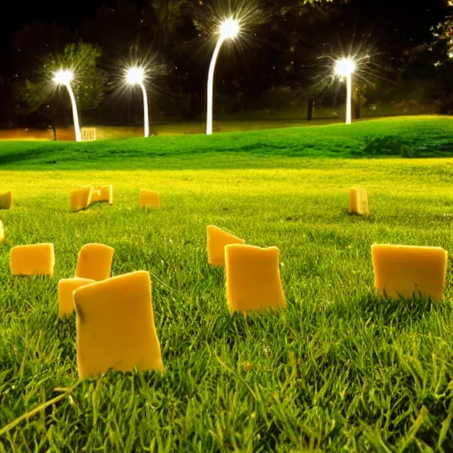 Prompt: a bunch of cheesen on a green meadow at night