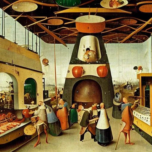 Image similar to inside a waffle making factory by hieronymus bosch, happy chef, highly detailed, colorful