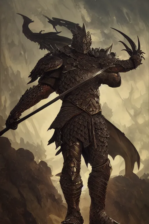 Image similar to male warrior, wearing a dark armor, fighting a dragon, large sword, intricate, elegant, highly detailed, digital painting, artstation, concept art, smooth, sharp focus, illustration, art by artgerm and greg rutkowski and alphonse mucha and andrei riabovitchev