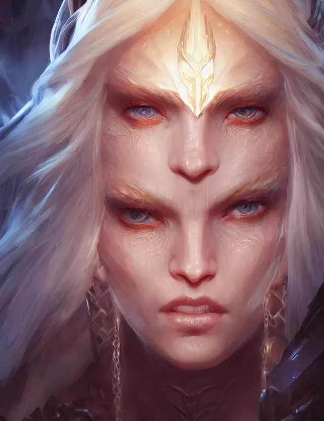 Image similar to close face portrait of a beautiful young blonde sorceress as diablo 3 concept art, art by ryo shiotani and greg rutkowski, intricate, beautiful, cute, cinematic lighting, vintage art by serge ivanoff, high resolution, very detailed