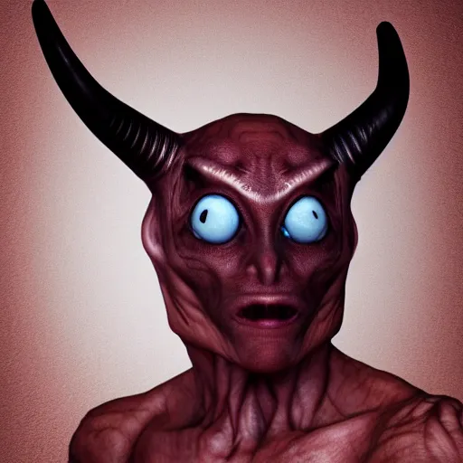 Image similar to photorealistic alien with horns. red eyes, human eyes