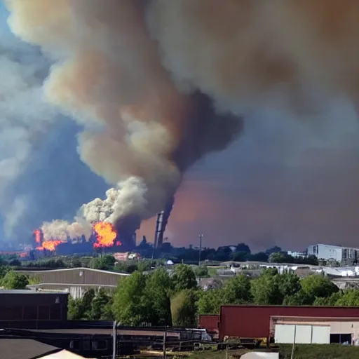 Prompt: Warehouse fire, catastrophic, blazing fire, industrial fire, industrial explosion, photo taken from far away, taken from afar