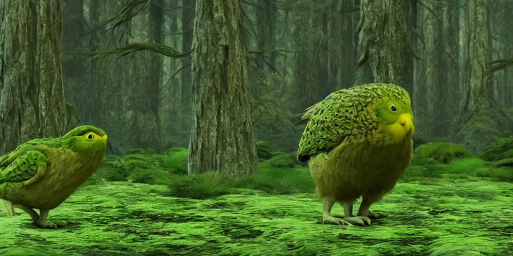 Prompt: A 3D animated cartoon of a kakapo walking on the forest floor, by Pixar
