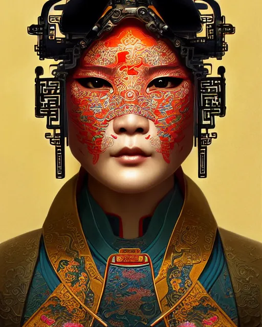 Image similar to portrait of a chinese cyberpunk machine, machine face, upper half portrait, decorated with chinese opera motifs, regal, asian, fine china, wuxia, traditional chinese art intricate intense elegant 京 剧 highly detailed digital painting artstation concept art smooth sharp focus illustration, art by artgerm and greg rutkowski alphonse mucha 8 k