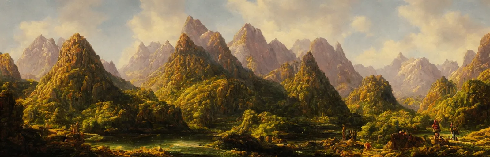 Image similar to landscape painting of multiple large castles connected,mountains,oil canvas,by Paul Bril,masterpiece,high quality,pretty,fantasy