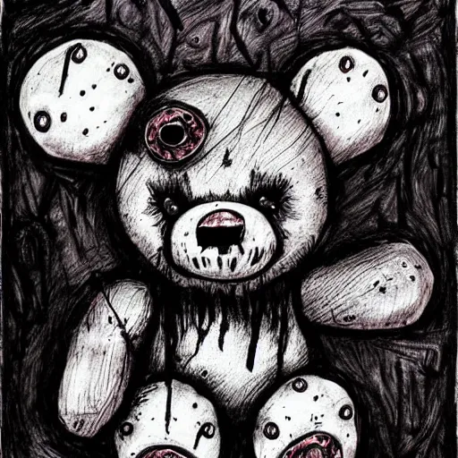 Image similar to dark art grunge drawing of a teddy bear with bloody eyes by - loony toons style, horror theme, detailed, elegant, intricate