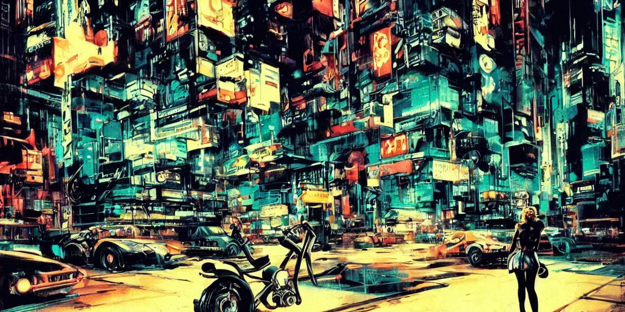 Image similar to pin-up girl with mechanical arm sitting on a chopper by ashley wood and syd mead, street corner, blade runner, 2001 a space odissey, neon lights, night time, bokeh