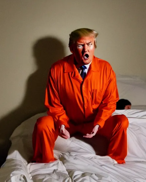 Prompt: closeup portrait of of angry donald trump wearing orange prison pajamas sitting on a bed kissing a bald eagle in a filthy prison, cinematic masterpiece, octane, dramatic lighting, editorial photo, 35mm, very detailed