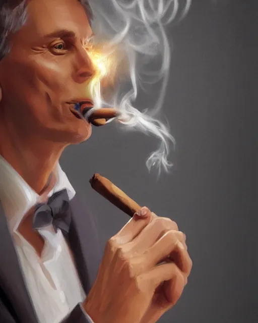 Image similar to Mauricio Macri smoking a cigar volumetric lighting, back lighting, rimlight, dramatic lighting, digital painting, highly detailed, artstation, sharp focus, illustration, Artgerm, Jean-Léon Gérôme , ruan jia