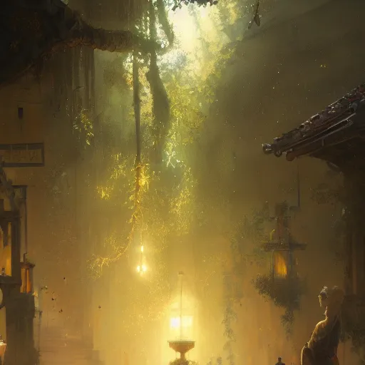 Prompt: Concept art, beautiful painting of a gingko tree, shining its light among lanterns, 8k, james gurney, greg rutkowski, john howe, artstation