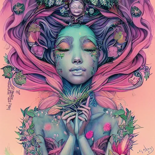 Prompt: goddess of plant medicine art by james jean and art by loish highly detailed painting trending on arstation vivid colors earth spirit