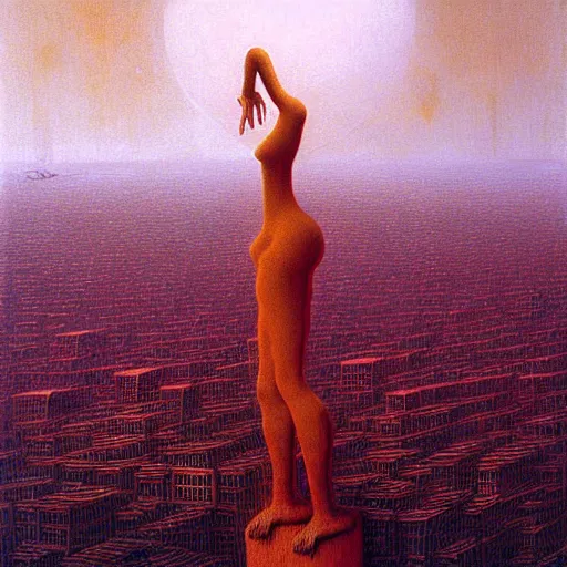 Image similar to a giant latex doll stands over a city painting by beksinski, barlowe colors. masterpiece painting