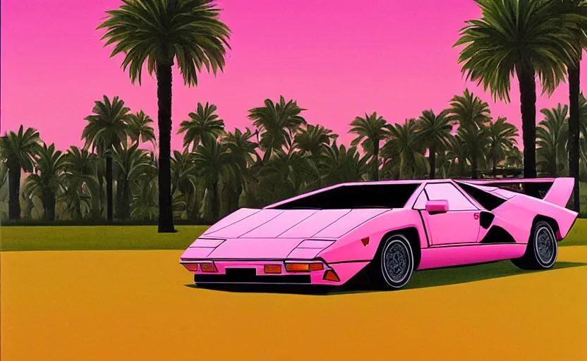 Image similar to lamborghini countach with doors open. palm trees and pink sky in the background. art by krzysztof tanajewski