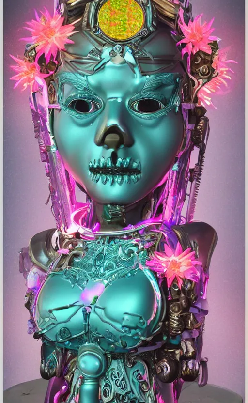 Image similar to a young beautiful angry latina ceramic and pink iron-plated android with a large glowing blue crystal in the center of her chest, full-body bronze cyberpunk style statue of Venus with glowing yellow laser eyes, crown of mechanical chrysanthemums, flowing aqua silk, fabric, steampunk flowers. baroque elements, human skull. full-length view. baroque element. intricate artwork by caravaggio. many flying horses on background. Trending on artstation, octane render, cinematic lighting from the right, hyper realism, octane render, 8k, depth of field, 3D