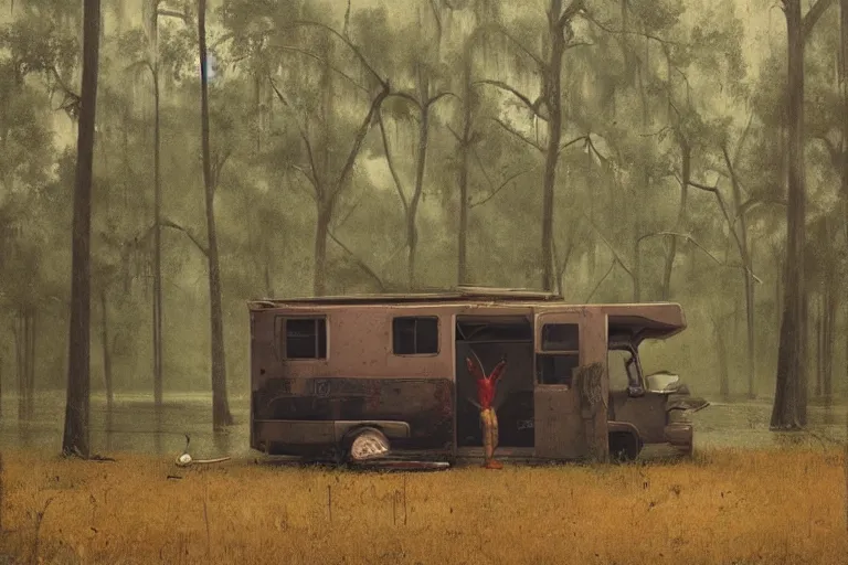 Image similar to scene from louisiana swamps, trailer in the woods, old couch, broken tv, parachute in a tree, voodoo artwork by tim eitel