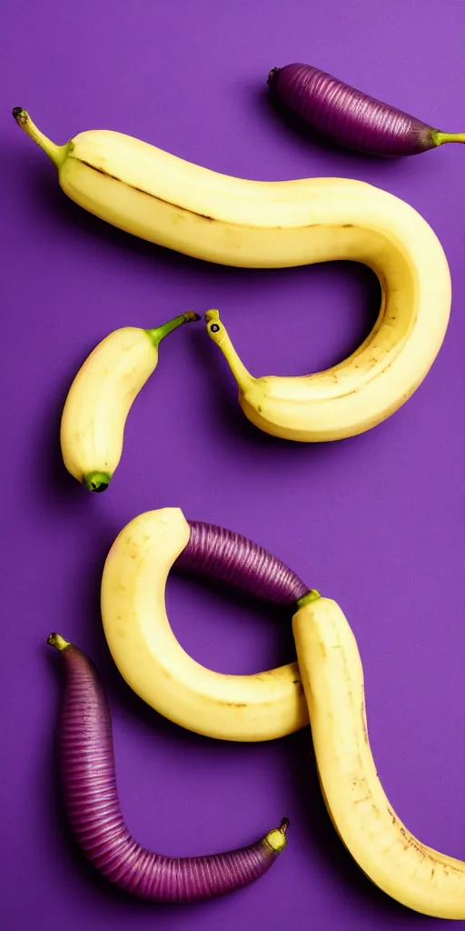 Prompt: a purple ribbed rubber worm smiling from inside a half peeled banana, studio photo, spot lighting, small depth of field, portrait