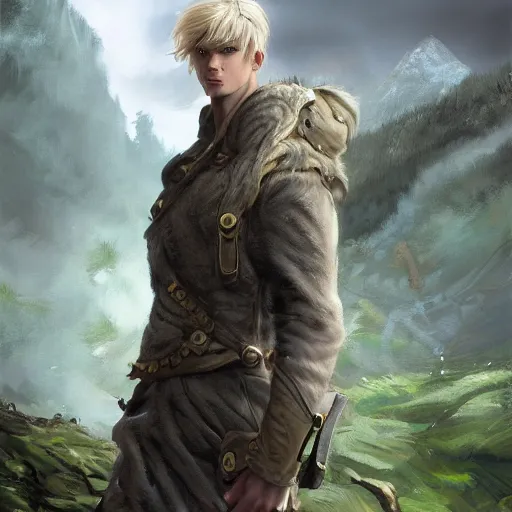 Prompt: blonde boy fantasy thief, high detail face, realistic, ultra detailed, menacing, powerful, dark, shallow focus, forest, mountains in the background concept art design as if designed by Wētā Workshop