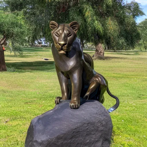 Prompt: a bronze sculpture of a lioness sitted peacefully ando magnificent. 4k photos