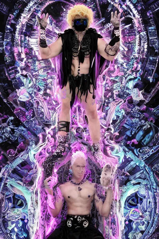 Prompt: photo of full-body rococo and cyberpunk delicate neon crystalline sculpture of ((handsome muscular albino prince Nick Jonas)) as an onyx humanoid deity wearing ((onyx plastic hooded cloak)) (holding an onyx skull) in a black aztec temple, reclining, glowing blue face, crown of (pink lasers), large blue diamonds, swirling black silk fabric. futuristic elements. oozing glowing liquid, full-length view. space robots. intricate artwork by caravaggio. Trending on artstation, octane render, cinematic lighting from the right, hyper realism, photorealistic, octane render, 8k, depth of field, 3D