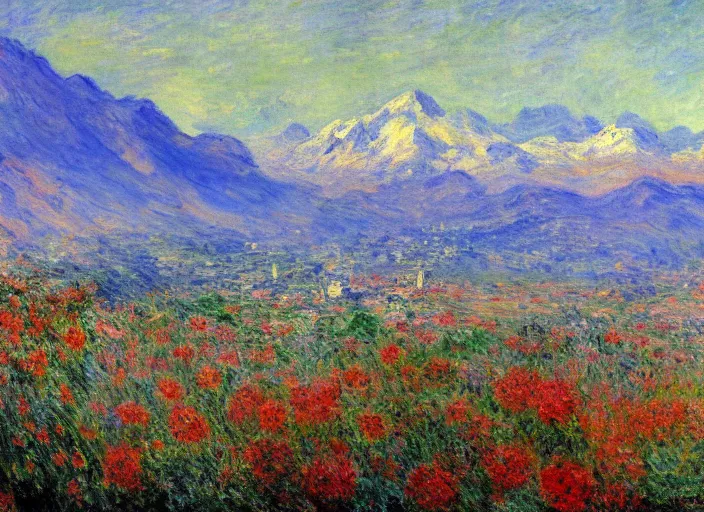 Image similar to a landscape of the city of santiago de chile with the andes mountain range background impressionist painting by monet