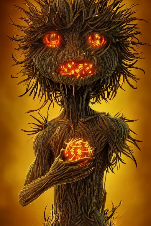 Image similar to a humanoid figure dandelion plant monster, amber eyes, highly detailed, digital art, sharp focus, ambient glow, trending on art station, anime art style