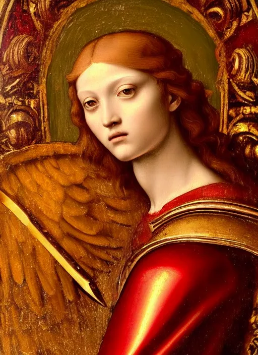 Image similar to a beautiful intricate renaissance painting portrait of an angel aasimar knight in heavy ornate red metal armor with a shining golden heavenly sword, by Raphael, Leonardo DaVinci, great masterpiece, award winning historic painting, dynamic composition, trending on artstation,4k, 8k