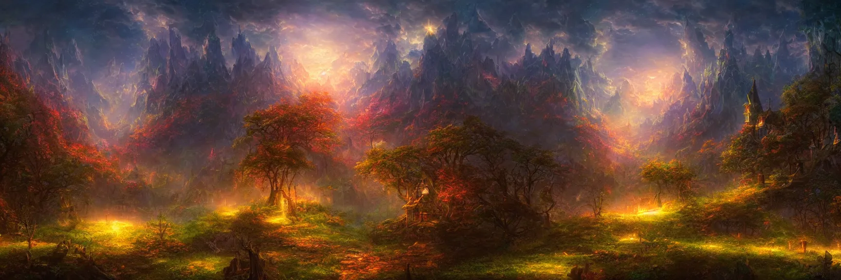 Prompt: a beautiful fantasy enchanted night landscape painting of a magical panorama visionary art by gilbert williams and john avon and marc simonetti and Mark Keathley, trending on artstation hq 8k