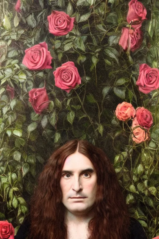 Prompt: pre-raphaelite Ozzy Osbournel with dark hair and roses in the background, blurred detail, phototaken with Nikon D750