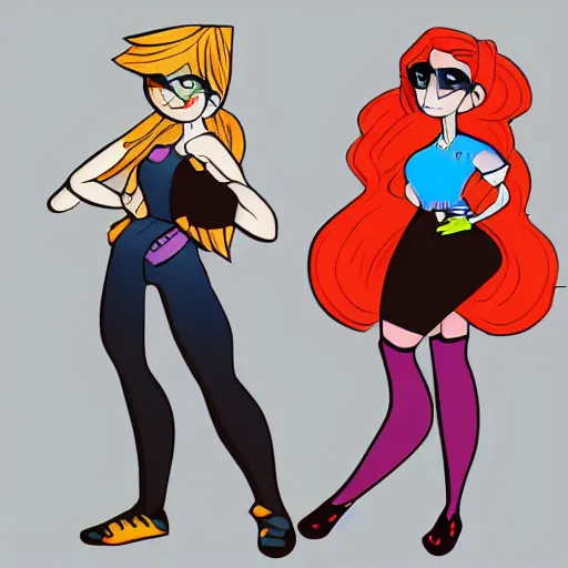 Image similar to a drawing of two cartoon girls, concept art by the mazeking, tumblr contest winner, vanitas, flat colors, dynamic pose, 2 d game art