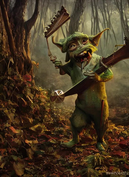 Prompt: a cute sharply dressed goblin playing a lute, in the style of boris valejo and patrick woodroffe, fantastic, dramatic lighting, forest, hyperrealistic, detailed, octane render