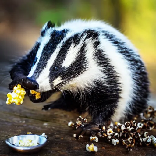 Image similar to badger eating popcorn, professional photography
